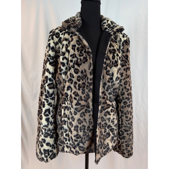 JM Collection Jackets & Blazers - JM Collection Leopard Print Faux Fur Jacket Womens Medium Brown Black Collared